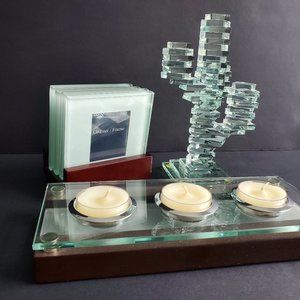 Modernist Decor Lot Clear Green Glass Candle Holder Cactus Tree Photo Coasters
